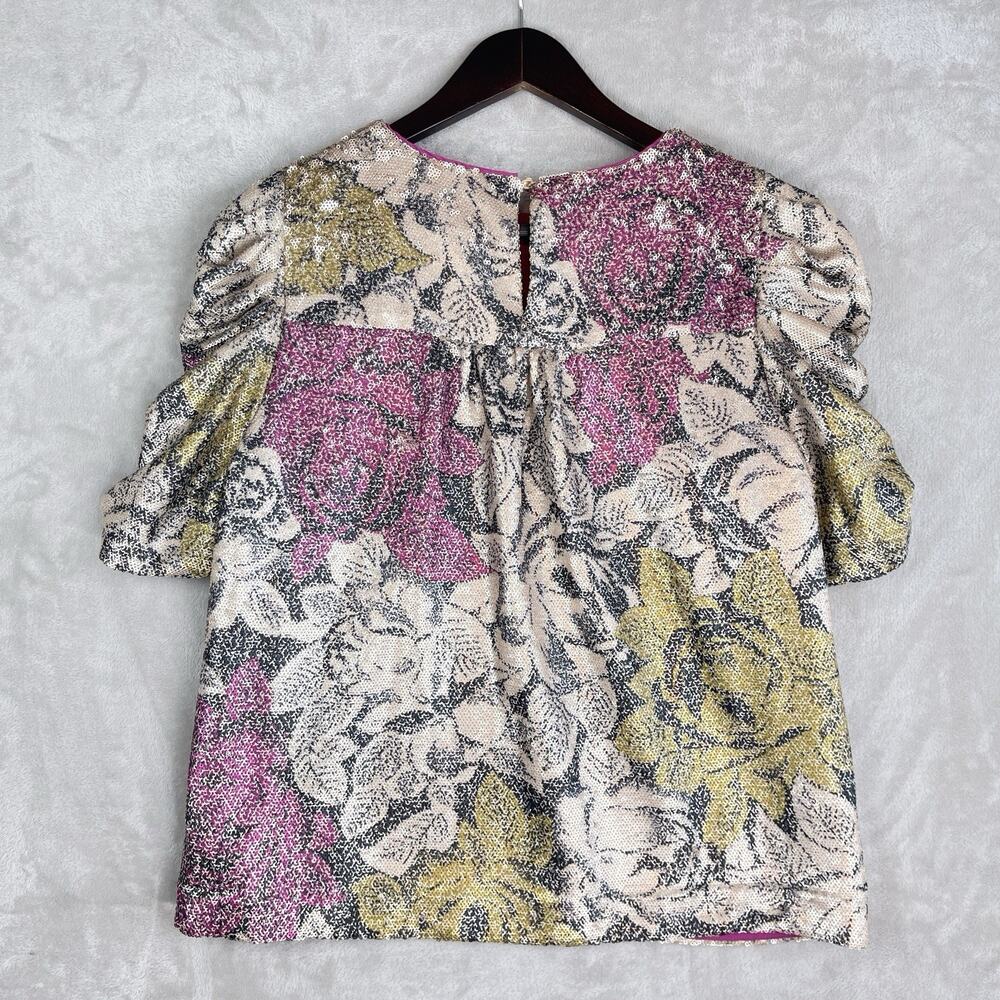 Anthropologie Marie Floral Sequin Top Pink Size 2 Puff Slve Night Luxe Coquette - Picture 5 of 14